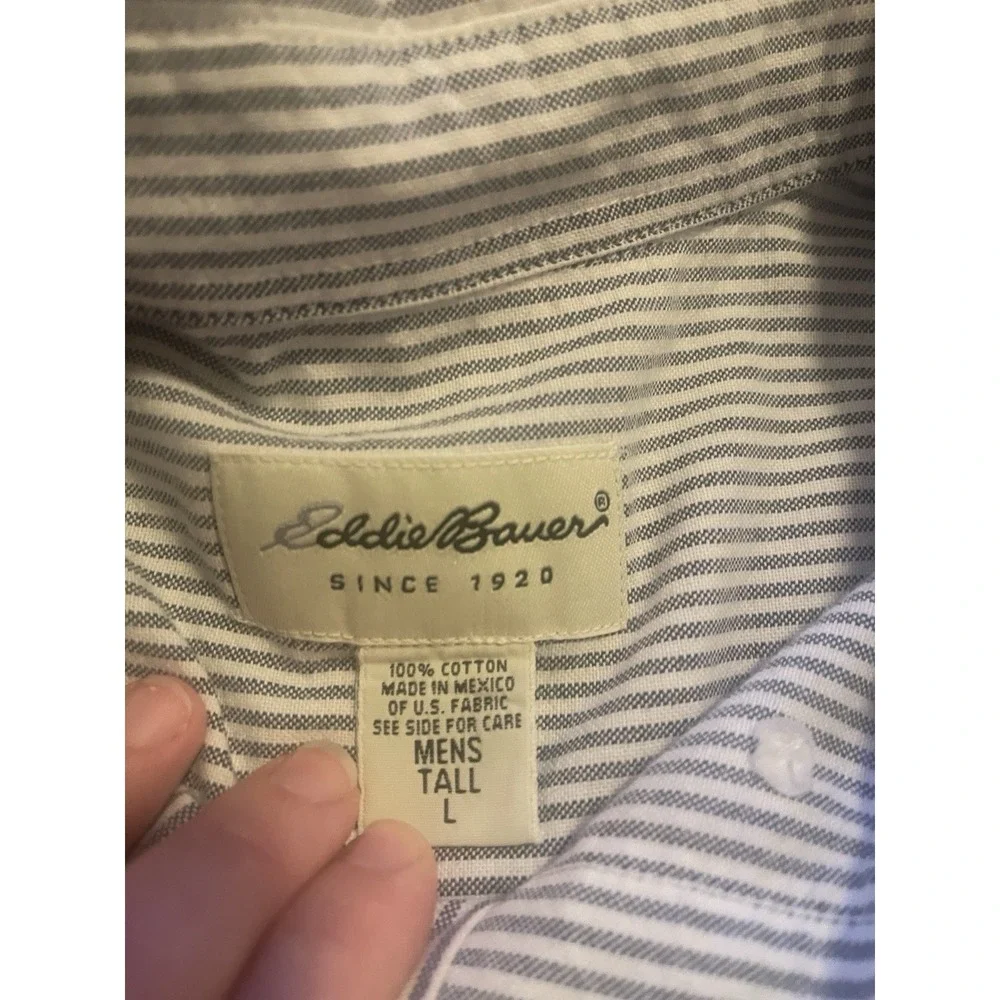 Eddie Bauer Mens Tall Large Blue White Striped Cotton‎ Long Sleeve Button Down